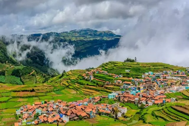 A hillside village among terraced fields under low cloud, near Kodaikanal