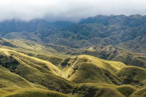 Rolling green hills under low cloud near Kohima, Nagaland