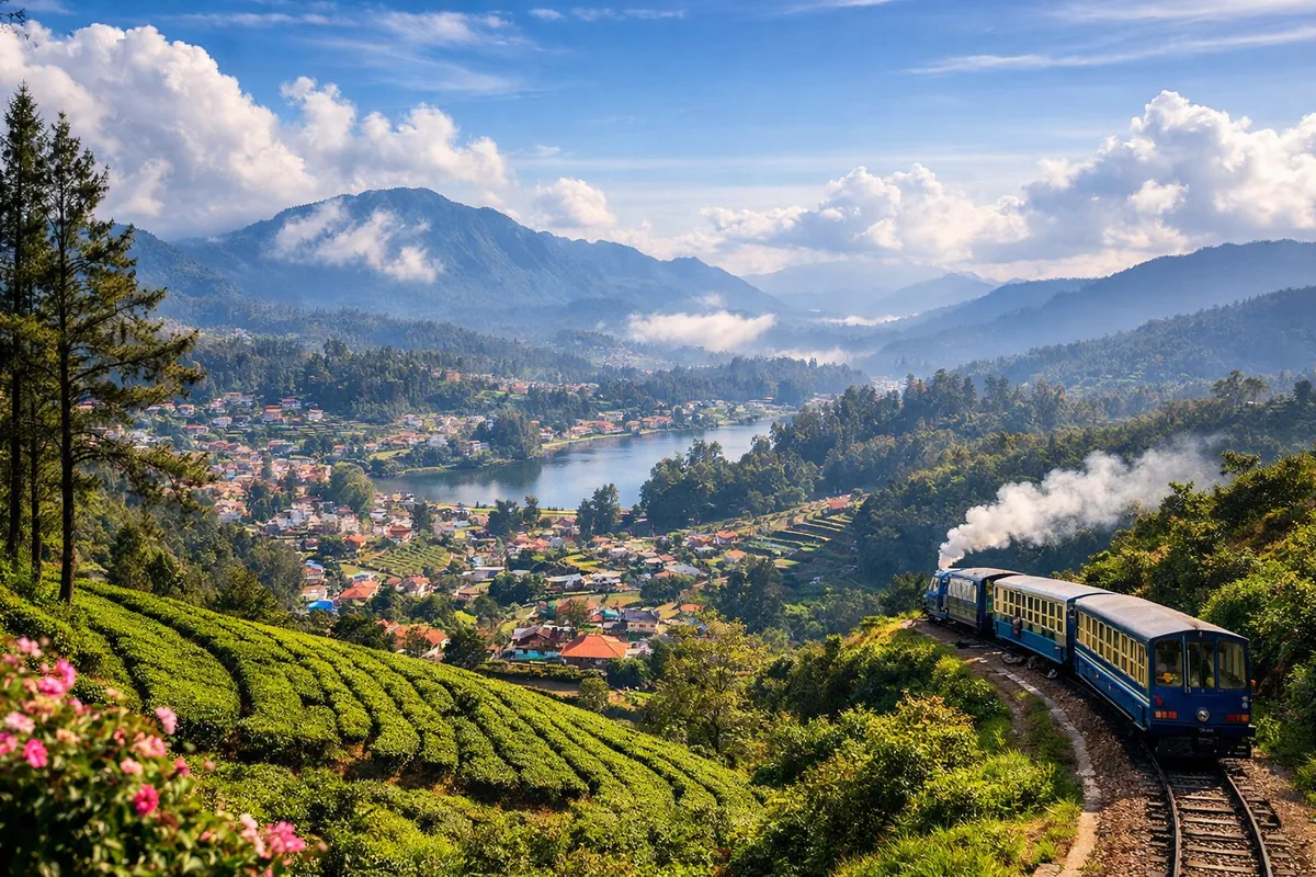 Illustration of a steam toy train on a hillside above a lake town, tea terraces and misty mountains in the Nilgiris, near Ooty
